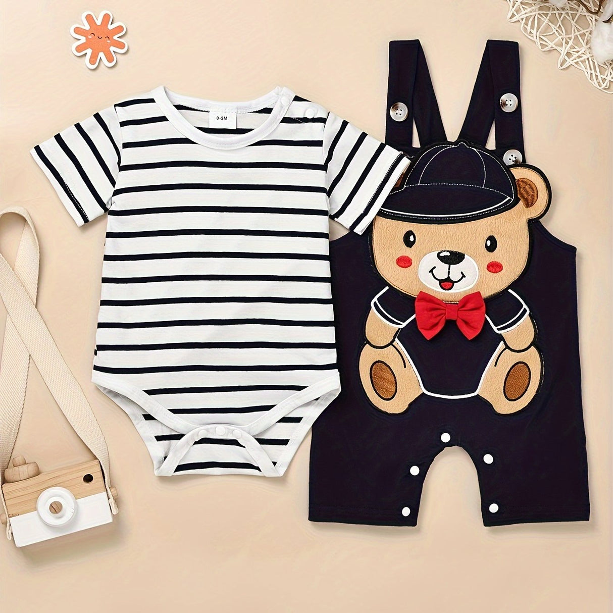 Baby Boy Clothes Newborn Romper Stripe Cute Cartoon Strap Pants Infant Overall Outfits 0-18 Months, for Outdoor