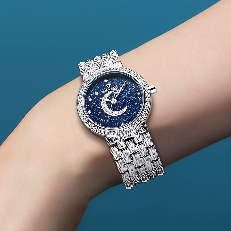 Round Quartz Watches Stainless Steel Strap Alloy Pointer Stainless Steel Rhinestone Dial Luminous Moon Phase Starry Sky Watches Gifts For Eid