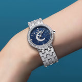 Round Quartz Watches Stainless Steel Strap Alloy Pointer Stainless Steel Rhinestone Dial Luminous Moon Phase Starry Sky Watches Gifts For Eid