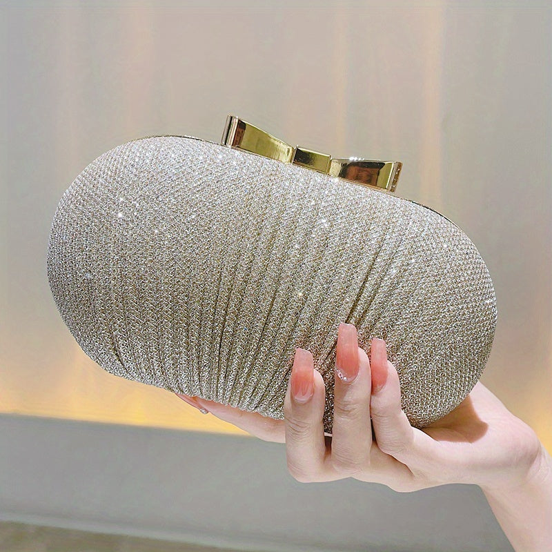 Elegant Glitter Bow Knot Clutch Bag - Buckle Closure, Polyester Lining, Metal Chain Strap, Solid Color, Perfect for Party and Dinner Events - Stylish and Versatile Evening Handbag