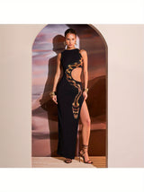 Chic Fashion] Stylish Sleeveless Maxi Dress with Golden Snake Motif, Side Slit & Cut-Out Details – Sexy Solid Color Black Polyester Dress for Women, Perfect for Spring/Summer Fashion, Chic Outfit | Glamorous Attire | Elegan