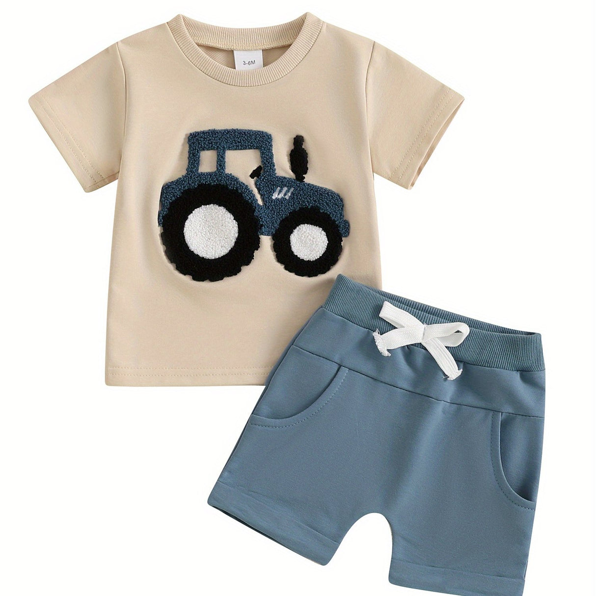 Toddler Boys Summer Outfits Truck Embroidered Round Neck Short Sleeve T-Shirts Elastic Waist Shorts 2pcs Clothes Set