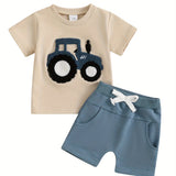 Toddler Boys Summer Outfits Truck Embroidered Round Neck Short Sleeve T-Shirts Elastic Waist Shorts 2pcs Clothes Set
