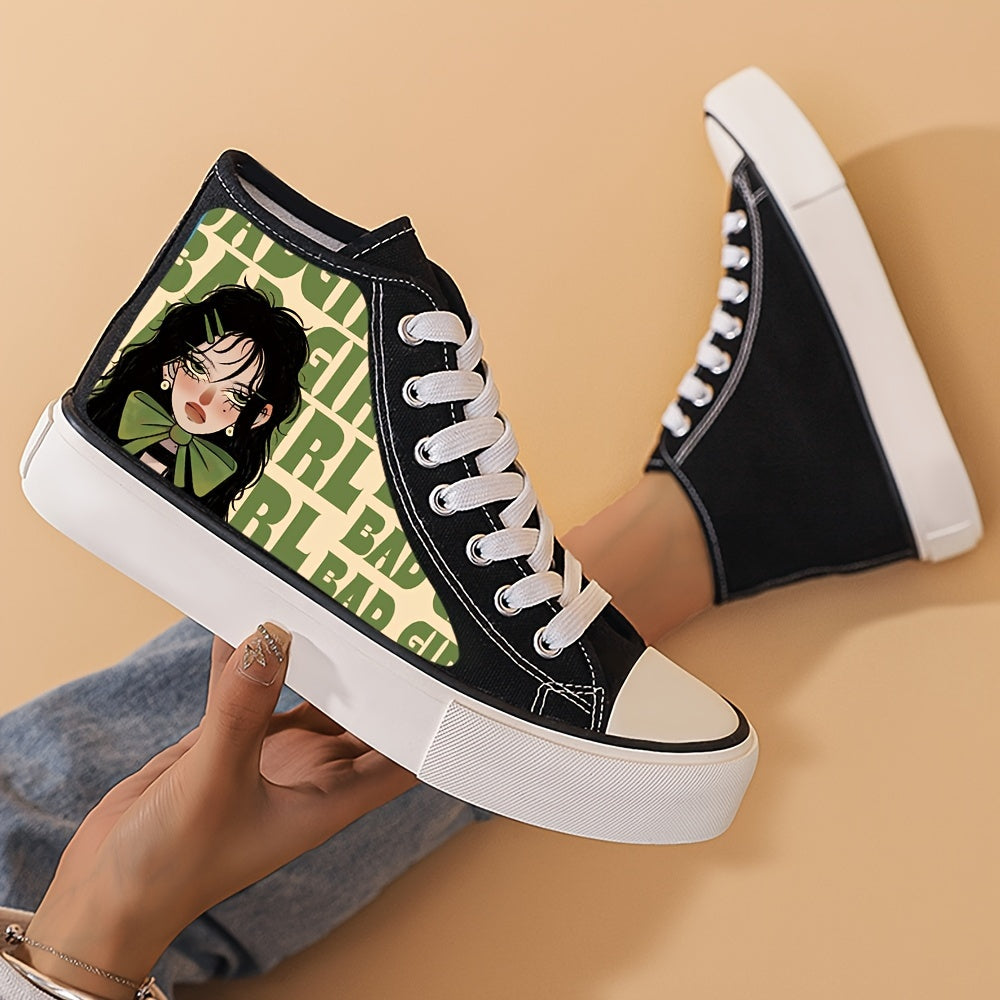 Anime Girl Pattern Lightweight High Top Breathable Canvas Sneakers, Round Toe Flat Classic Lace Up Wear Resistance Skate Shoes, Non Slip Casual Versatile Walking Shoes Running Shoes