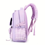 Sanrio Hello Kitty Backpack with 2 Free Hairpins - Large Capacity Laptop Backpack, Lightweight School Bag with Adjustable Straps & Zipper Closure, Cute Purple Plaid & Hello Kitty Prints, Gift for Girls, Birthday, Sanrio Fans