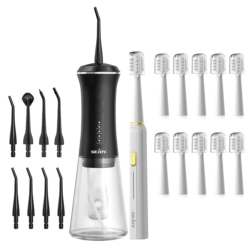 Sleek Cordless Water Flosser & Electric Toothbrush Combo - 11.83oz Large Water Tank, USB Rechargeable, Includes 8 Dental Tips & 7 Brush Replacements, Ergonomic Black Design for Easy Oral Care at Home or Travel, Home Dental Fl