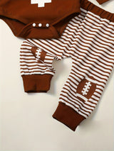 Baby Boy 3 Piece Outfit Football Print Long Sleeve Rompers and Elastic Striped Pants Beanie Hat Set Fall Spring Clothes