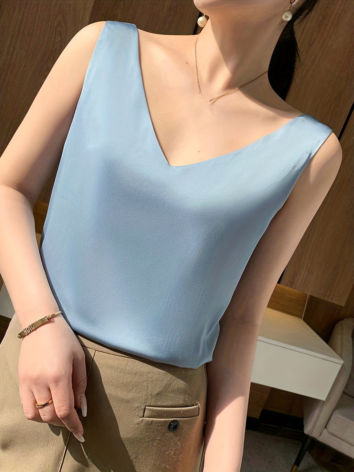 Elegant Summer V-Neck Tank Top for Women: Chic Sleeveless, Sexy Slingback Design, Polyester-Spandex Blend