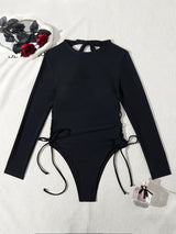 Sexy Crew Neck One-Piece Swimsuit for Women with Removable Padding, Side Lace-Up Detail, Long Sleeve, Solid Color, High Stretch Polyamide and Elastane Blend, Knit Fabric