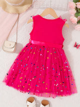 Vibrant Colorful Dot Pattern Flutter Sleeve Crew Neck Mesh Dress - Flowy Sleeves, Breathable Fabric, Matching Belt - Perfect Summer Gift for Little Girls and Princesses, Girls Clothing Collection