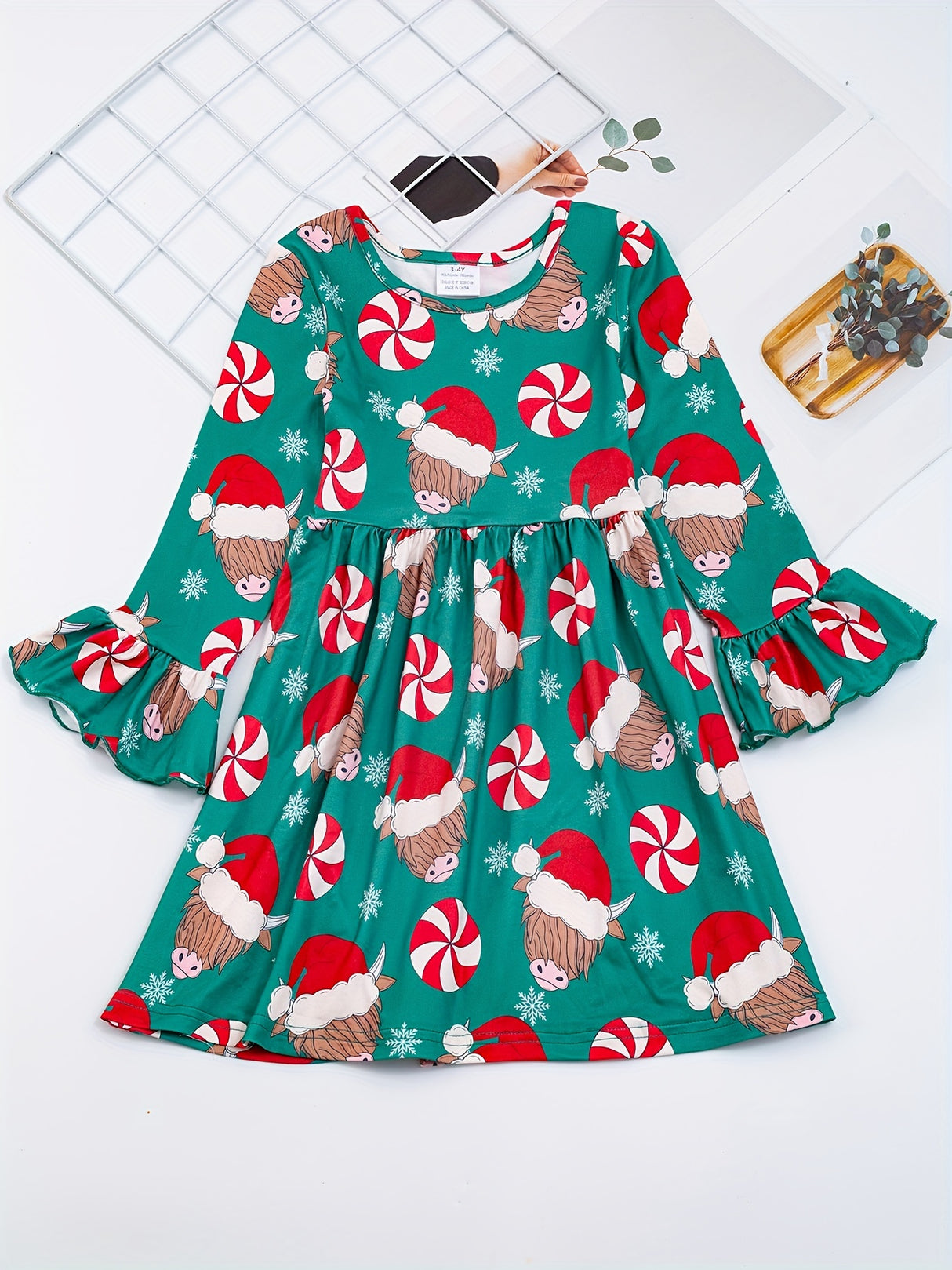 Festive Girls' Christmas Party Dress - Casual & Stretchy Santa Claus & Candy Graphic Kids Clothes for Girls
