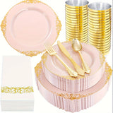 350PCS Pink and Golden Plastic Plates - Pink Plastic Dinnerware Sets for 50 Guests - 100 Pink Disposable Plates, 150 Golden Plastic Silverware, 50 Cups, 50 Napkins for Wedding & Mother's Day