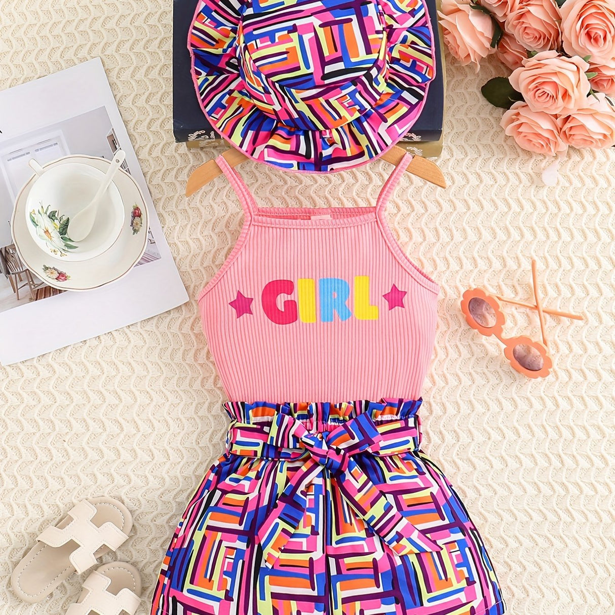 Toddler Girl's Geometric Pattern 3pcs, Ribbed Cami Top & Hat & Belted Shorts Set, Street Style Casual Outfits, Kids Clothes For Summer Vacation Music Festival