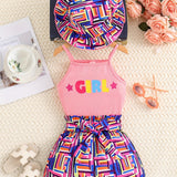 Toddler Girl's Geometric Pattern 3pcs, Ribbed Cami Top & Hat & Belted Shorts Set, Street Style Casual Outfits, Kids Clothes For Summer Vacation Music Festival