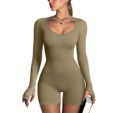 OQQ Women Yoga Rompers Ribbed Workout Long Sleeve Sweetheart V Neck Sport Jumpsuits Rompers