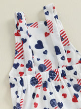 Patriotic Heart Print Flared Overalls for Little Girls – Sleeveless Suspender Pants with Twist Detail, Perfect for 4th of July & Independence Day Celebrations, Navy Blue with Red & White Hearts, Summer Casual Wear, Perfect
