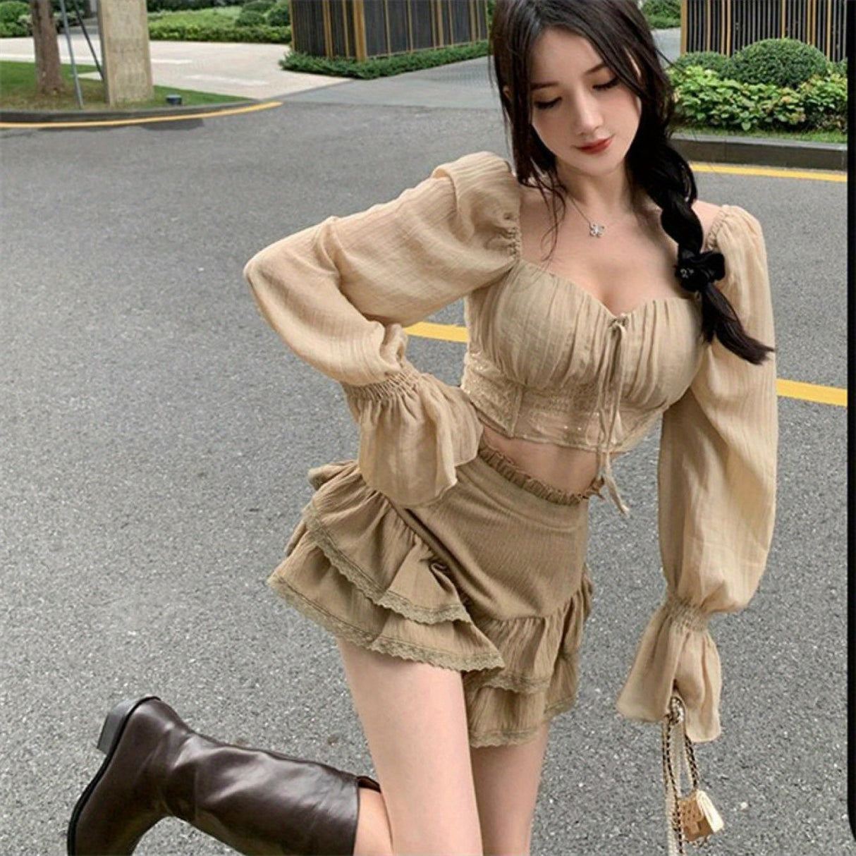 Women's Long Sleeve Crop Tops, Solid Color Patchwork Tie Up See-Through Blouse, Casual Sweet Style Tops