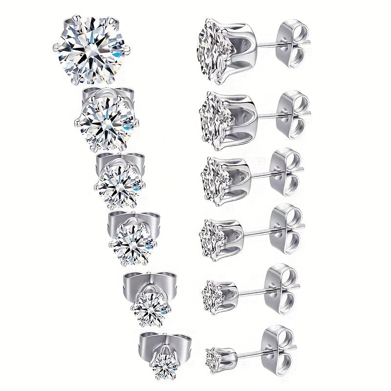 Sparkling Stainless Steel 6-Prong zirconia Stud Earrings Hypoallergenic Daily Decor Earrings 18K Gold Plated Ear Bone Buckle Jewelry