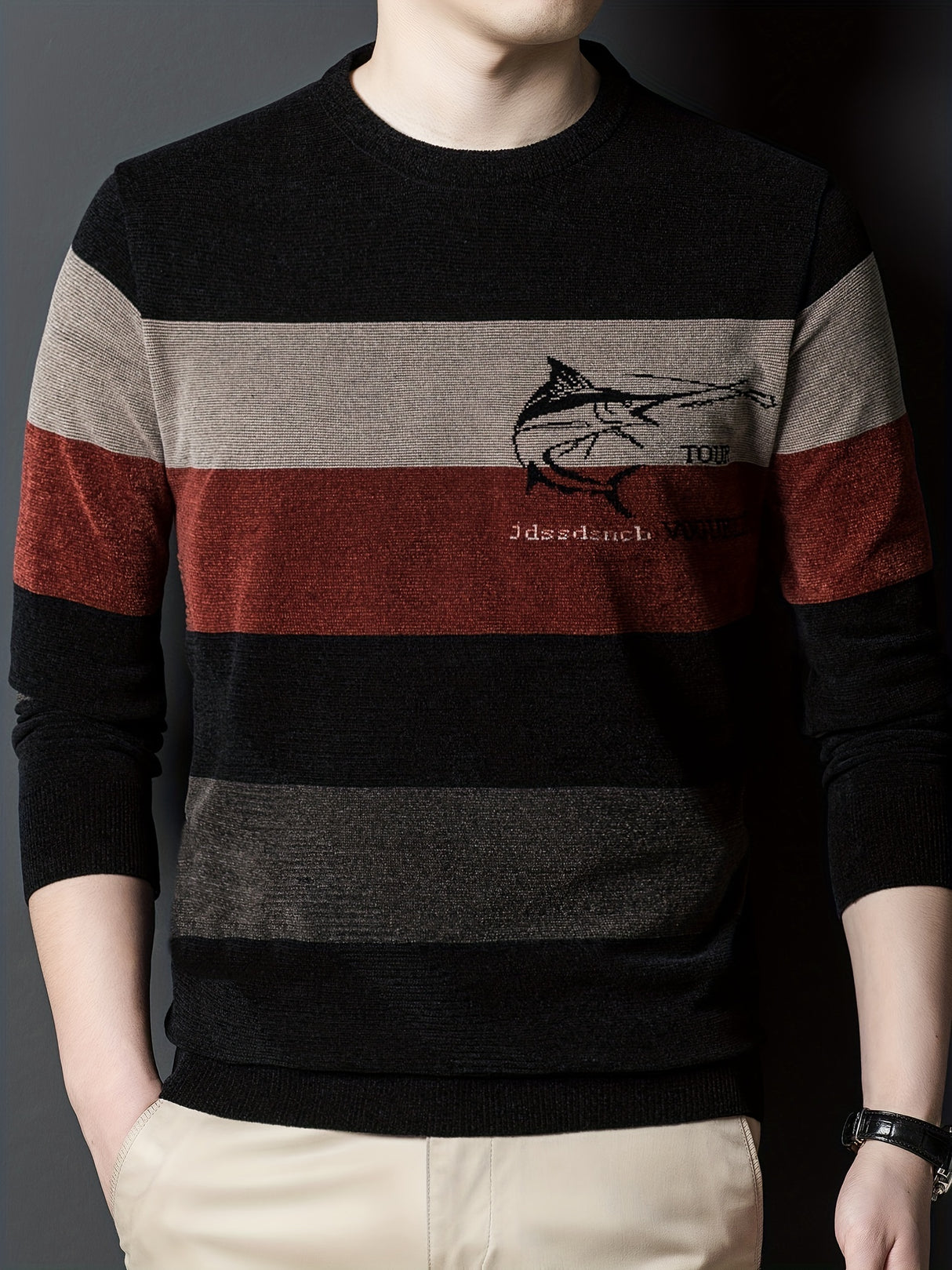 All Match Knitted Color Block Sweater, Men's Casual Warm High Stretch Crew Neck Pullover Sweater For Men Fall Winter