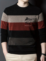All Match Knitted Color Block Sweater, Men's Casual Warm High Stretch Crew Neck Pullover Sweater For Men Fall Winter