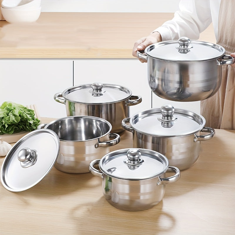 10-Pieces Stainless Steel Cookware Set - Kitchen & Dining Essential For Induction Cooking, Stockpot, Ricotta Pot, Double Handle With Pot Lid, Suitable For Soup, Hotpot, Pasta, Seafood Soup, Rice Cooker
