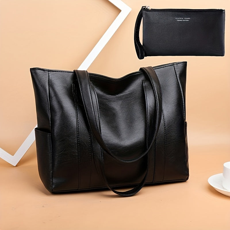 1pc Large Capacity Trendy PU Leather Shoulder Bag - Durable, Zipper Closure, Portable, Double Handle, Stylish Tote Handbag for Daily Use - Perfect for Work, School, Travel, and Shopping