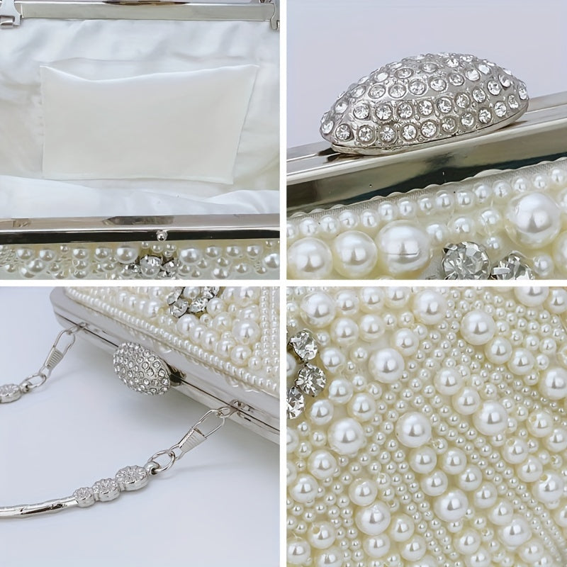 Luxurious Faux Pearl & Diamond Shell Pattern Clutch Bag - Buckle Closure, Metal Chain Strap, Polyester Lining, Solid Color, Party Perfect for Wedding, Evening Events - Elegant and Chic Handbag