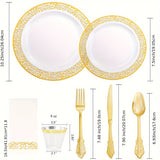 350 Piece Disposable Plastic Dinnerware Set, Golden Lace Design, 50 Dinner Plates, 50 Dessert Plates, 50 Golden Silverware, 50 Golden Cups, 50 Napkins for Thanksgiving Party