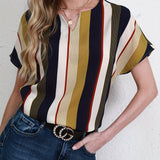 Striped Notched Neck Blouse, Casual Short Sleeve Blouse For Spring & Summer, Women's Clothing