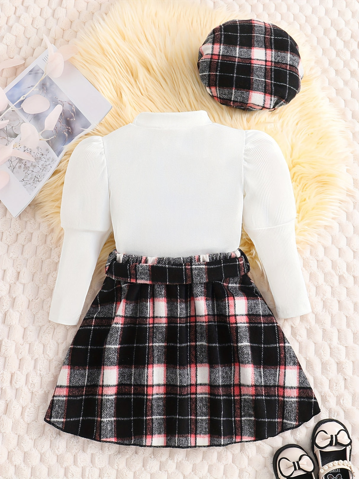Girl's Trendy 3pcs, Ribbed Long Sleeve Top & Hat & Belted Skirt Set, Plaid Pattern Casual Outfits, Kids Clothes For Spring Autumn
