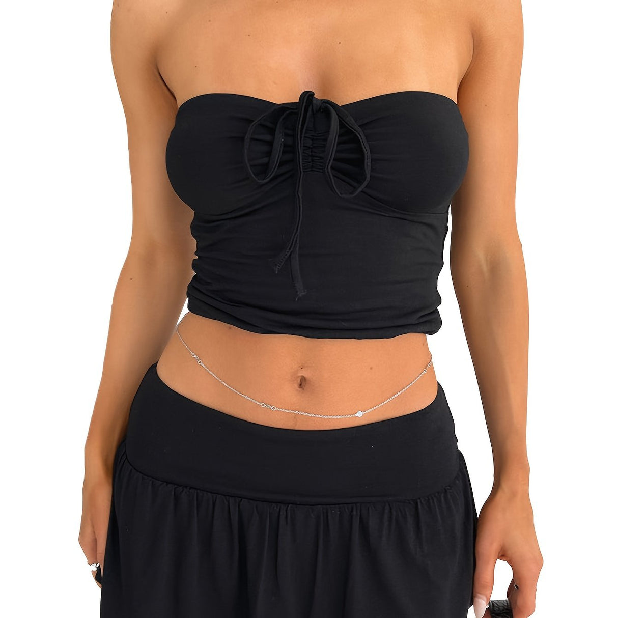 Women's Sexy Summer Two Piece Skirt Set Drawstring Tube Crop Tops Low Waist Ruffle Mini Skort Skirts Sets