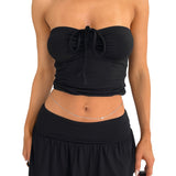Women's Sexy Summer Two Piece Skirt Set Drawstring Tube Crop Tops Low Waist Ruffle Mini Skort Skirts Sets
