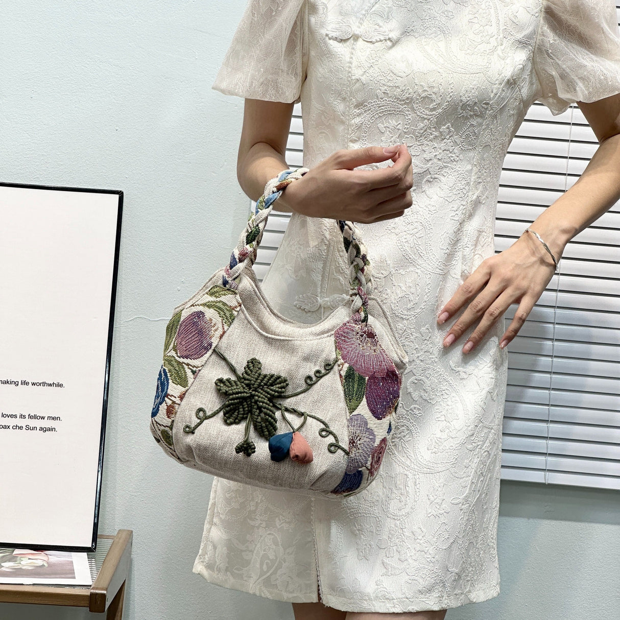 Bohemian Style Handmade Flower Tote Bag, Foldable, Zipper Closure, Fixed Shoulder Strap, with Wristlet, for Vacation