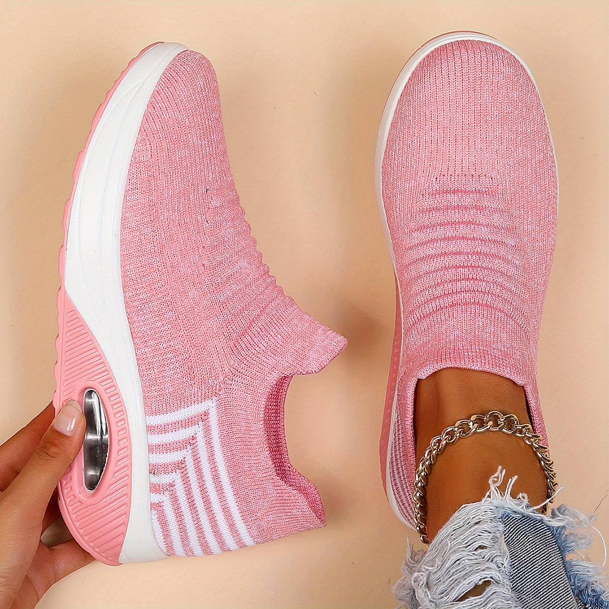 All-Season Women's Lightweight Sneakers - Stabilizing Air Cushion, Slip-On Running Shoes in Sleek Black