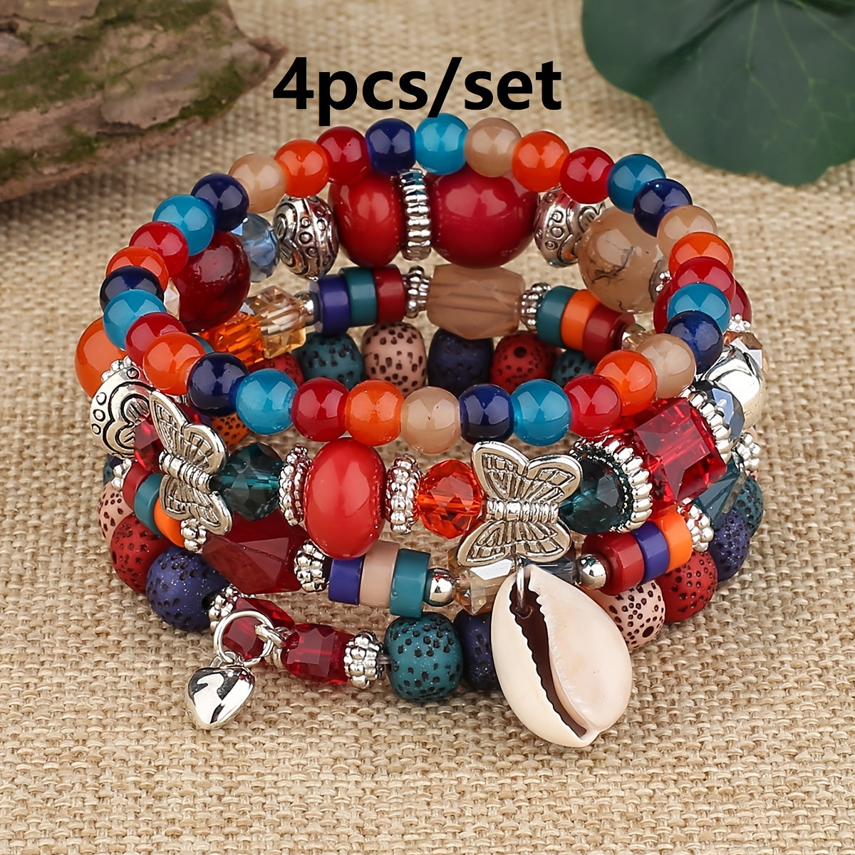 3pcs/set Vibrant Bohemian Butterfly Pendant Tassel Beaded Elastic Multi-Layer Acrylic Bracelets - Stylish Boho Accessories for Men and Women - Perfect Daily Decoration, Gift for Family, Friends, Boyfriends, and Girlfriends on
