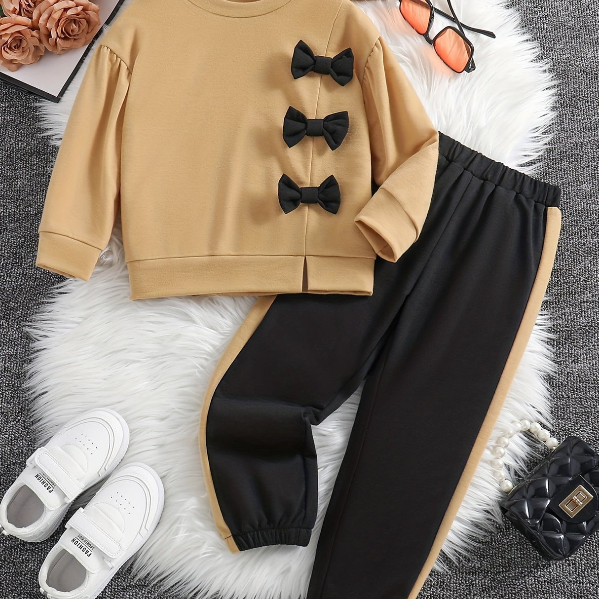 Girls 2pcs Sweatshirt & Elastic Waist Pants Set Bow Decor Long Sleeve Pullover Top Casual Kids Clothes Spring Fall