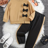 Girls 2pcs Sweatshirt & Elastic Waist Pants Set Bow Decor Long Sleeve Pullover Top Casual Kids Clothes Spring Fall