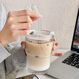 1pc Ribbed Glass Tumbler With Lid And Straw, Origami Style Drinking Glass, Iced Coffee Cups, Summer Winter Drinkware, Travel Accessories
