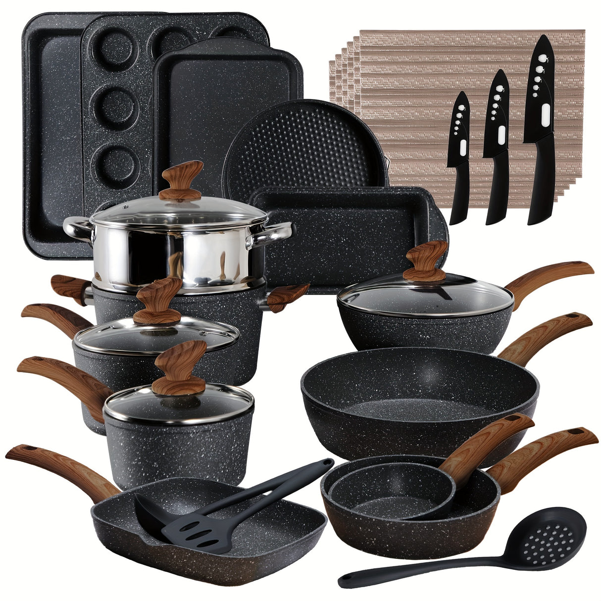 Mix Patio Pots And Pans Set Nonstick, 12/17/30 Pieces Induction Kitchen Cookware Set, Granite Coating Cooking Pans Set (Black, Green)