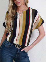 Striped Notched Neck Blouse, Casual Short Sleeve Blouse For Spring & Summer, Women's Clothing