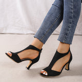 Chunky Heel Women's High Heels, Peep Toe T-strap Back Zipper Sandals, Fashion Black Shoes