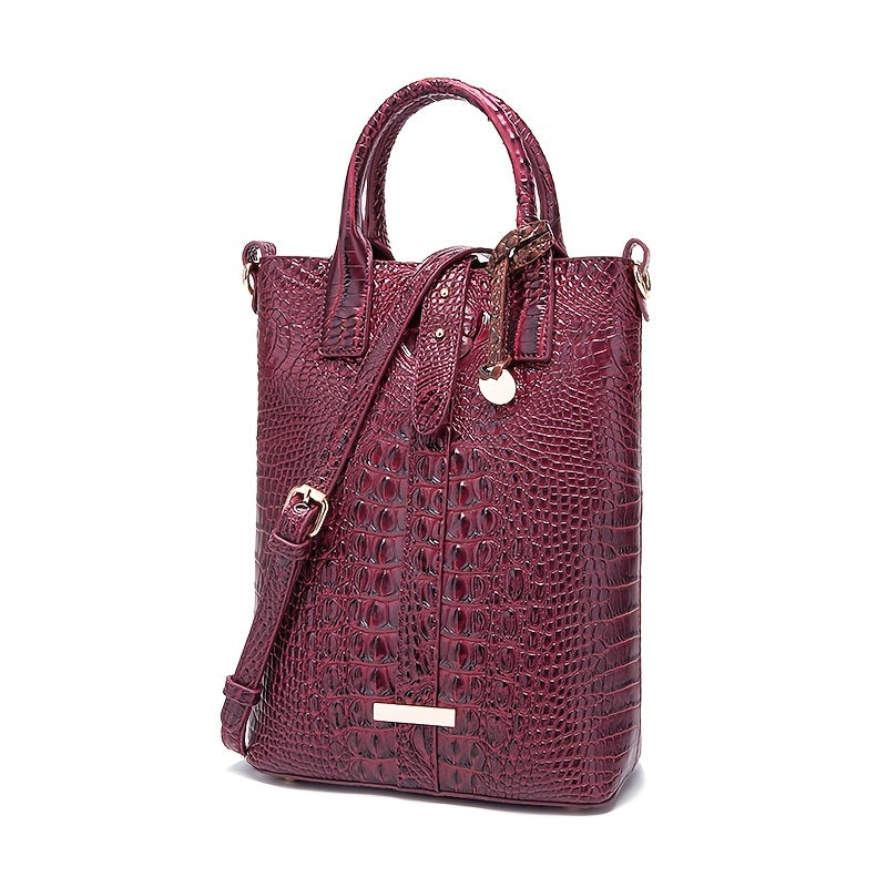 Luxurious Crocodile Embossed PU Tote Bag - Removable Strap, Buckle Closure, Edge Painted - Classic Womens Office and Work Purse for Trendy Ladies