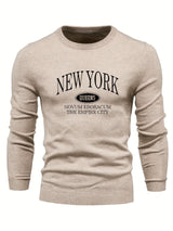 NEW YORK Print All Match Knitted Sweater, Men's Casual Warm Mid Stretch Crew Neck Pullover Sweater For Men Fall Winter