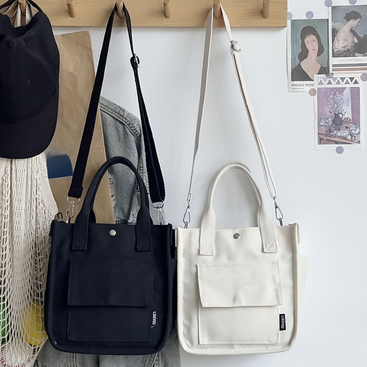 Mini Canvas Tote Bag With Top Handle, Multi Pockets Crossbody Bag, Portable Lunch Box Storage Bag