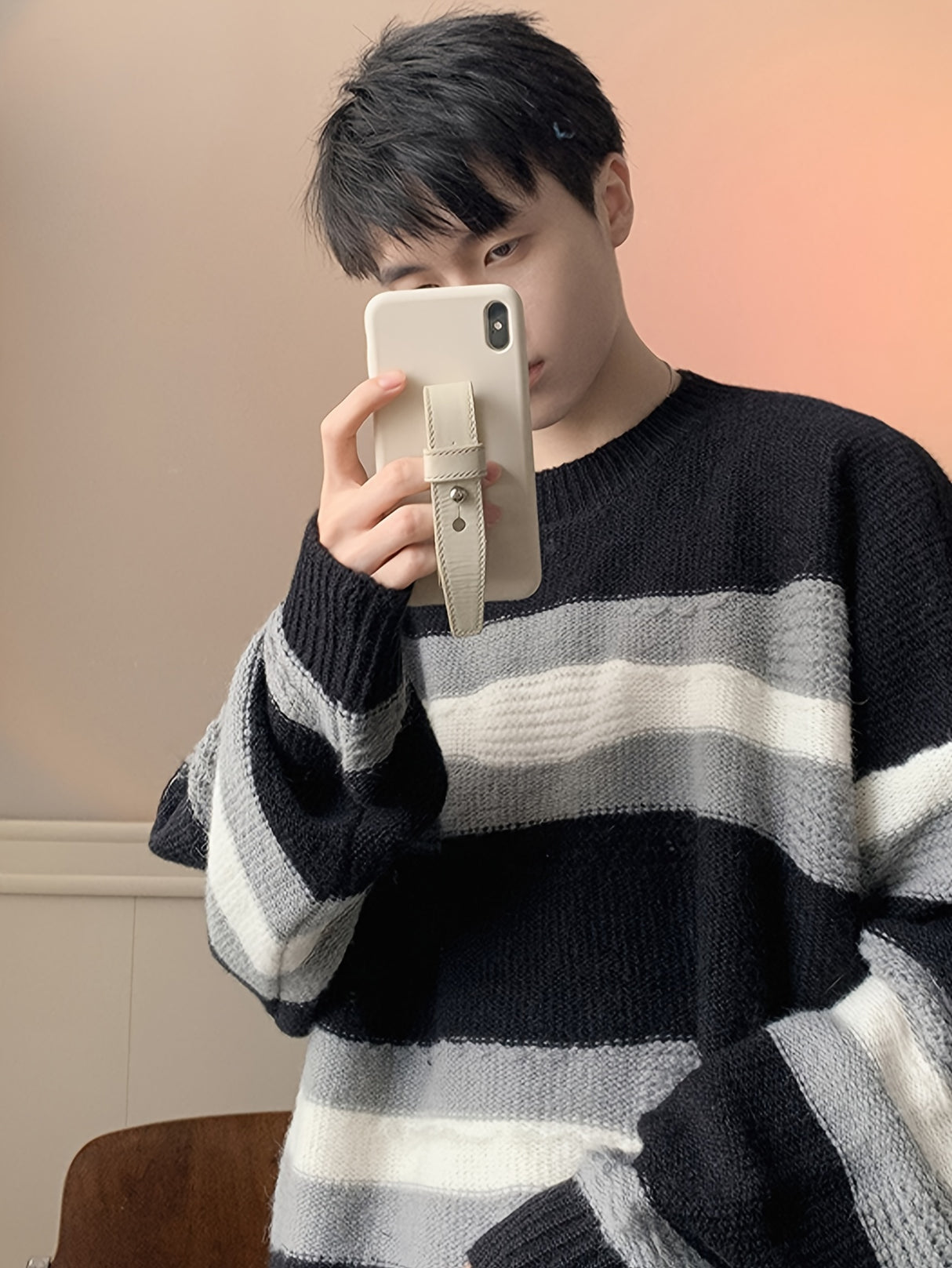 1pc Korean Style Cozy Fleece-Lined Crew Neck Sweater for Men - Casual Polyester Striped Pullover with Contrasting Colors, Loose Fit, Thermal Insulation, Knitted Fabric, Adult - Fall/Winter Essential