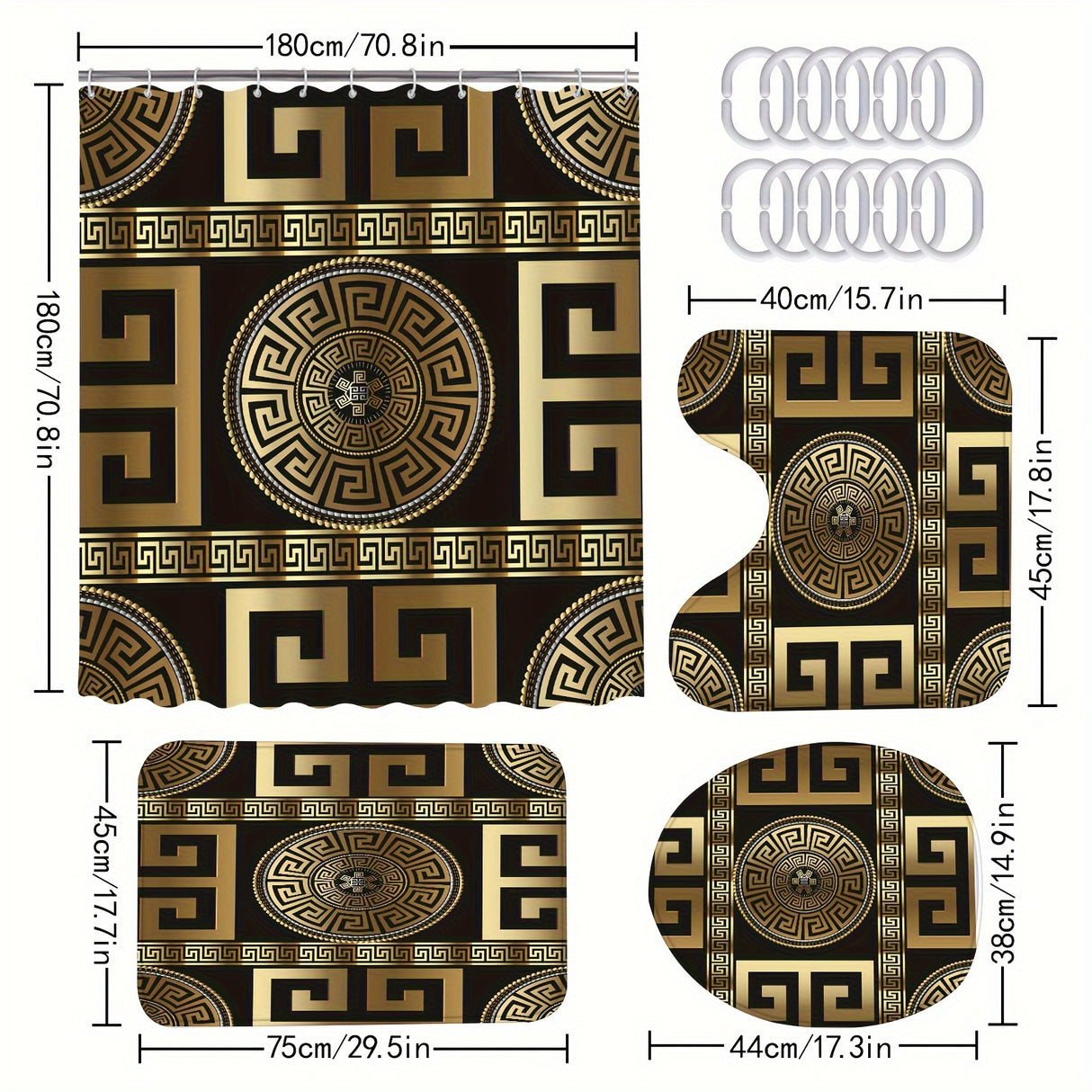 1/4pcs Black Golden Geo Printed Shower Curtain Set - Waterproof, Anti-Slip, and Decorative Bathroom Essentials with 12 Plastic Hooks, Bathtub Partition, and 4-Piece Mat Set - Complete Bathroom Decor Solution
