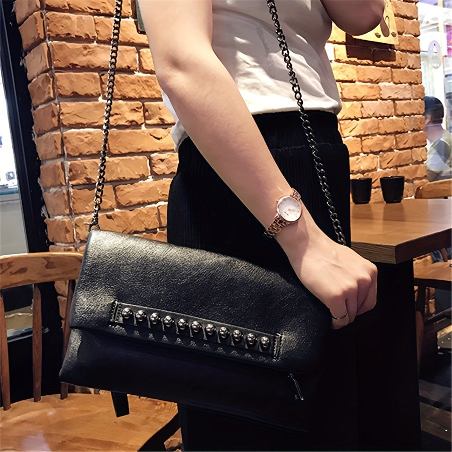 Punk Edge Rivet Clutch Bag - Chic Chain Crossbody - Durable Synthetic Leather Flap Purse for Fashionistas