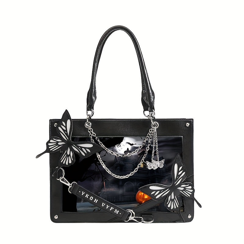 Gothic Butterfly Deco Tote Bag, Y2K Punk Crossbody Bag, Funky Shoulder Purse & Handbag For Girls
