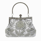 Vintage Floral Embroidered Clutch Handbag, Removable Strap, Buckle Closure, Polyester Lining, Dark Green Champagne Silvery Grey Burgundy Black Grey Golden Blue for Wedding Party