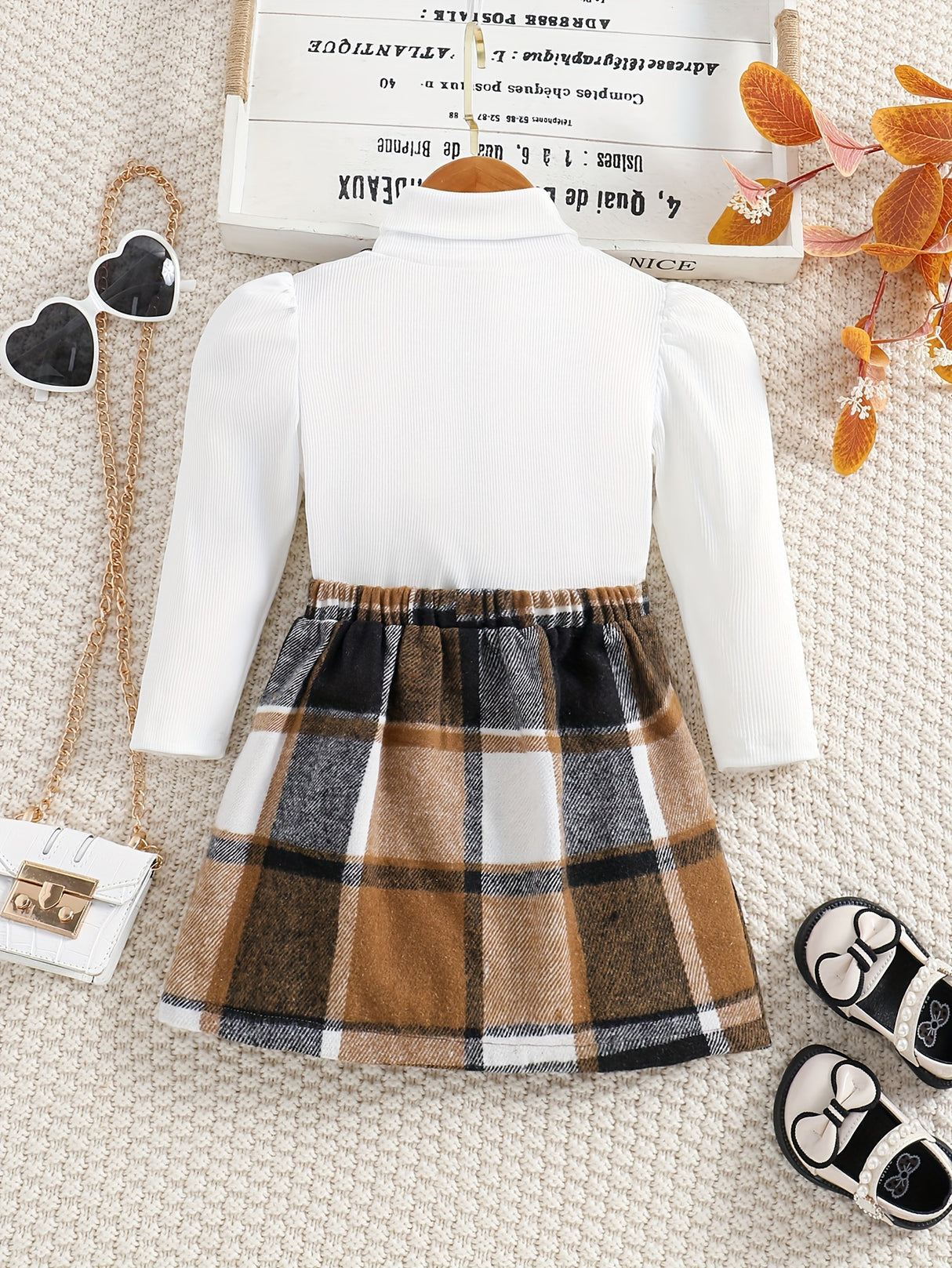Girl's Elegant 2pcs, Ribbed Long Sleeve Top & Skirt Set, Button Decor Plaid Print Casual Outfits, Kids Clothes For Spring Autumn
